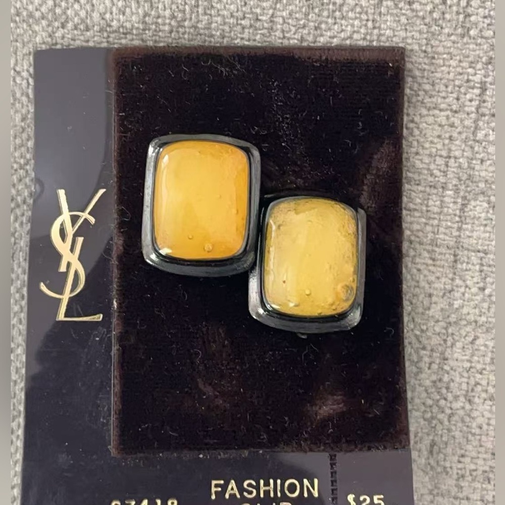 Vintage NWT YSL Yellow Poured Glass Cabochon Patinated Silver Clip-On Earrings